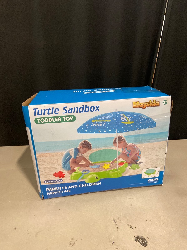 Photo 1 of Upgraded Kids Turtle Sandbox with Lid & Adjustable Umbrella, Truck Toy & 8pcs Sand Shovels, Sand Box with Cover, Beach Toys for Toddlers 3-5, Plastic Indoor Outdoor Play Toys Gift for Girls Boys