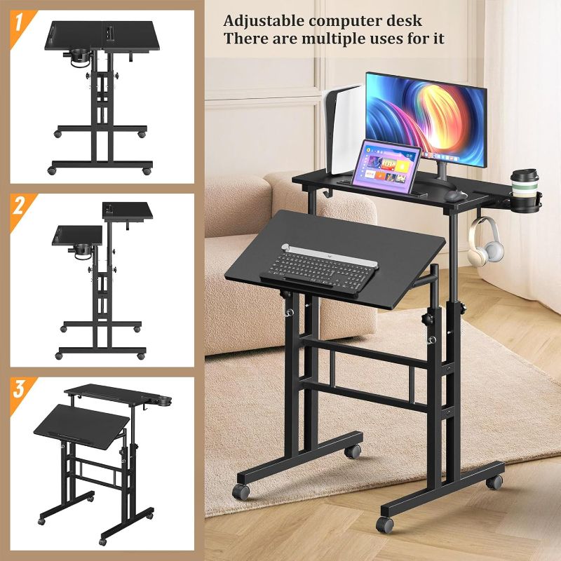 Photo 1 of Small Standing Desk with Wheels, Mobile Stand Up Desk, Portable Standing Table on Wheels for Walking Pad, Rolling Computer Desk Adjustable Height, Tall Table

