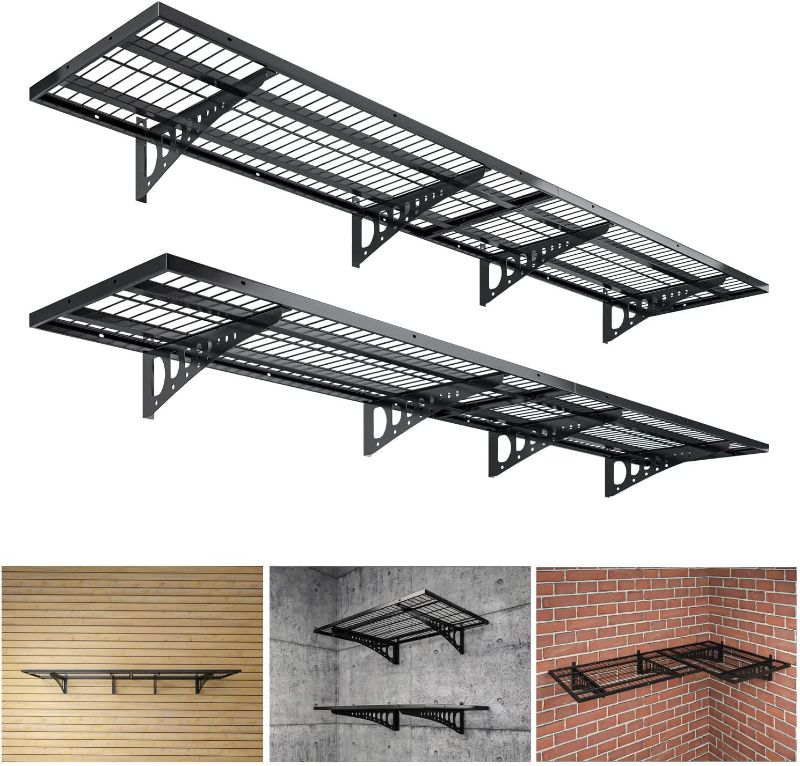 Photo 1 of Wall Mounted Garage Storage Shelving, Metal Wall System Shelf Black 1.5x3.8ft, 4 Pack