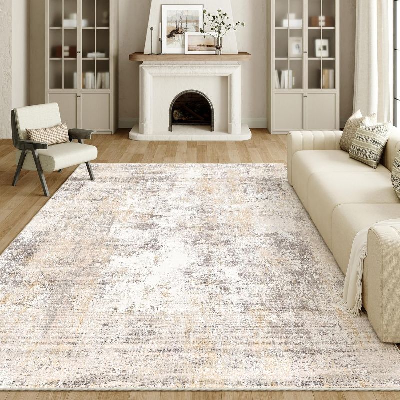 Photo 1 of 8x10 Washable Area Rug Beige Grey Neutral Abstract Living Room Bedroom Large Throw Rug Non Slip Soft Low Pile Indoor Floor Carpet for Dining Room Kitchen Office Entryway