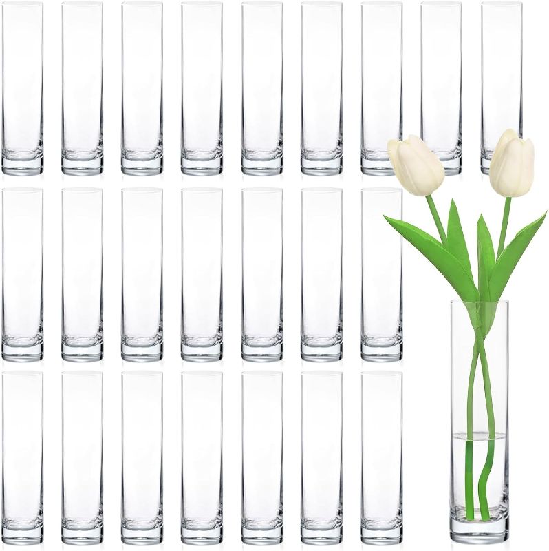 Photo 1 of 24 Pack Glass Cylinder Bud Vases - Clear Flower Vases Bulk for Wedding Decor - 7.5 Inches Tall Flowers Holders for Home Decor Centerpieces - Small Slim Vases Set for Party Decorations