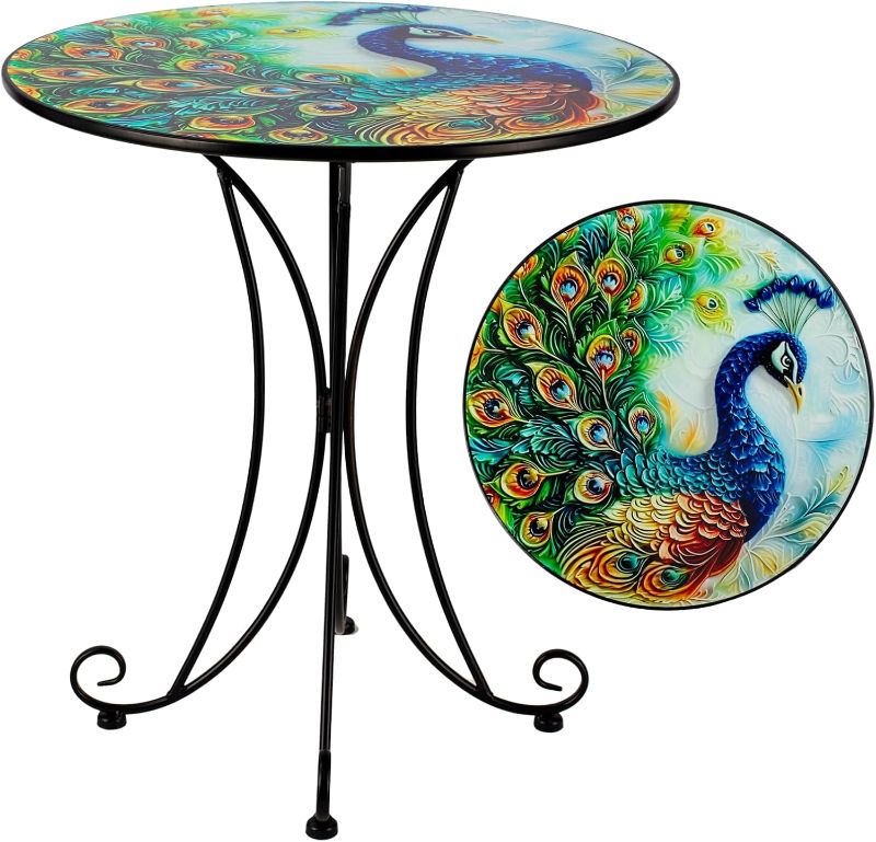Photo 1 of 18 Inch Outdoor Side Table, Peacock Metal Accent Table, Indoor Small Round End Tables, Plant Stand Tables for Outside Yard Balcony Garden Bedside