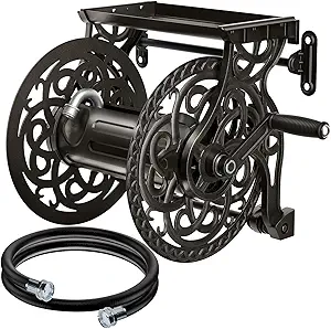 Photo 1 of Metal Decorative Garden Hose Reel, Heavy Duty Hose Holder for Outside, Aluminum Frame, No-Leak Aluminum Water System, Easy Assmbly, Wall Mount, Holds 135 ft x 5/8" Hose Storage, Dark Bronze
