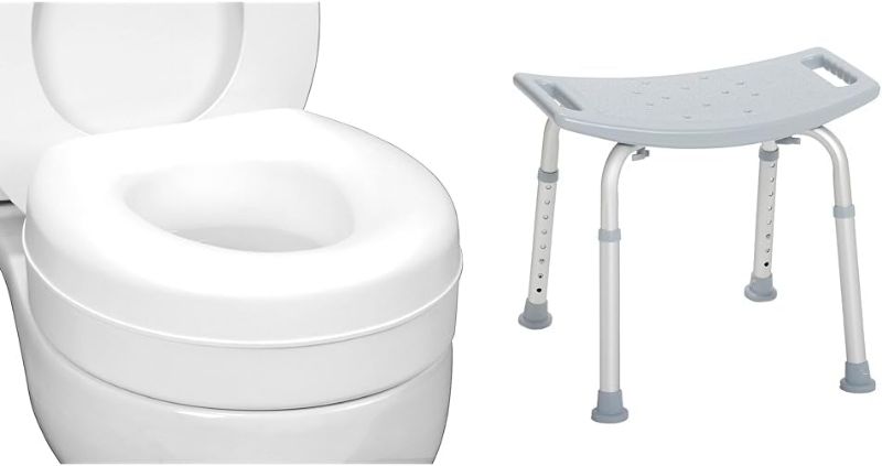 Photo 1 of HealthSmart Raised Toilet Seat Riser That Fits Most Standard (Round) Toilet Bowls for Enhanced Comfort and Elevation with Slip Resistant Pads & Drive Medical RTL12203KDR Shower Chair