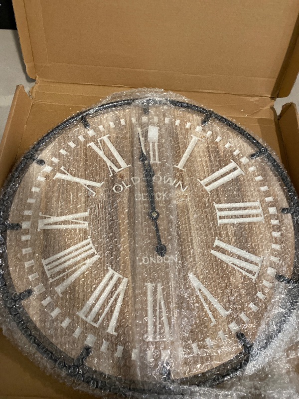 Photo 1 of 20 Inch Grand Farmhouse Wall Clock, Vintage-Inspired Wood & Metal Design with Large Etched Numbers, Silent Battery-Powered Timepiece for Offices, Kitchens, Bedrooms, and Living Rooms