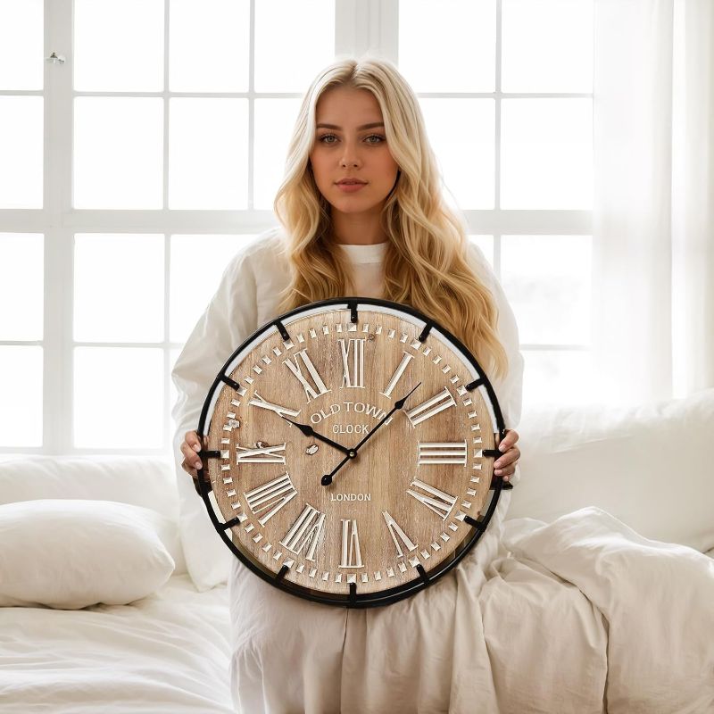 Photo 1 of 20 Inch Grand Farmhouse Wall Clock, Vintage-Inspired Wood & Metal Design with Large Etched Numbers, Silent Battery-Powered Timepiece for Offices, Kitchens, Bedrooms, and Living Rooms