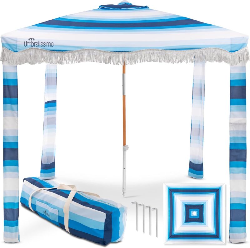 Photo 1 of Premium Beach Cabana - Umbrellissimo Signature Blue Ombre. Includes Sand Anchor, Designer Canvas Prints & Fringe finishes, Sand Pockets, pegs, Carry Bag. Easy Set up 6.6'x6.6' of Cool UPF50+ Shade