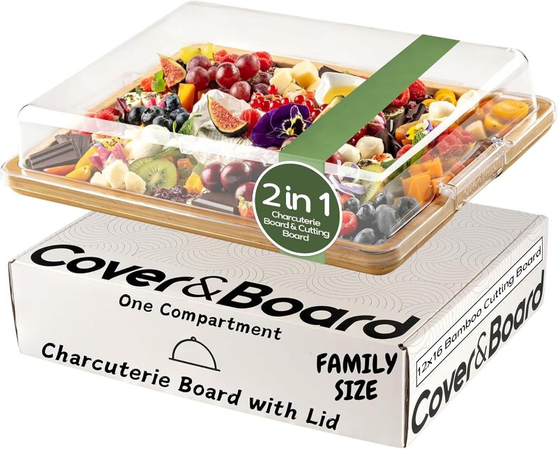Photo 1 of Cover&Board 2-in-1 Charcuterie Board With Lid, Large 12x16 Bamboo Cutting Board and Wooden Tray with Clear Cover, Snack and Cheese Server, Charcuterie Accessories for Entertaining and Travel, Gift Box