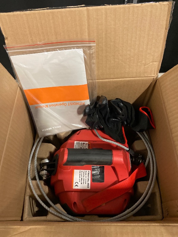 Photo 1 of Portable Drill Winch 1500 LBS, 1/4" Heavy-Duty Steel Cable Winch Rope 40 FT | 360 Degrees Rotate Hook, Red Handheld Winch for Lifting, Dragging, Handling, Trailer