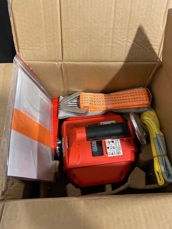 Photo 1 of Portable Drill Winch 1000LBS, Drill Powered Winch with Lift Sling Strap and D Rings Tie Down Strap, Drill Winch with Alloy Steel Wire Rope 40FT for Dragging, Handling, Trailer (Red)
