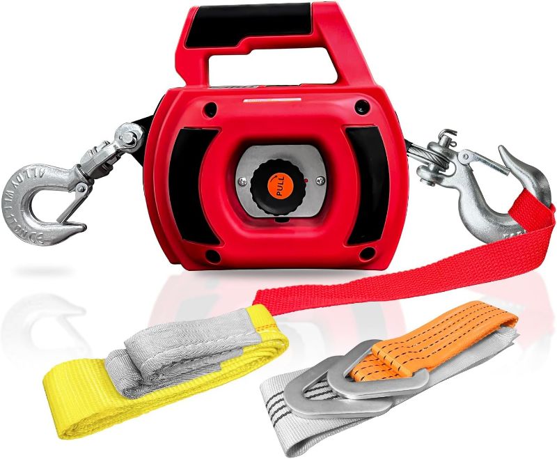 Photo 1 of Portable Drill Winch 1000LBS, Drill Powered Winch with Lift Sling Strap and D Rings Tie Down Strap, Drill Winch with Alloy Steel Wire Rope 40FT for Dragging, Handling, Trailer (Red)