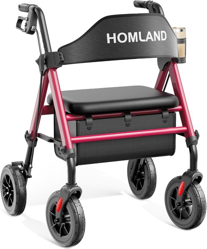 Photo 1 of Walkers for Seniors with Seat, Foldable Rollator Walker, Reinforced Aluminum Frame, 8" Big Rubber Wheels for All Terrain, Height Adjustable Lightweight Rolling Walker