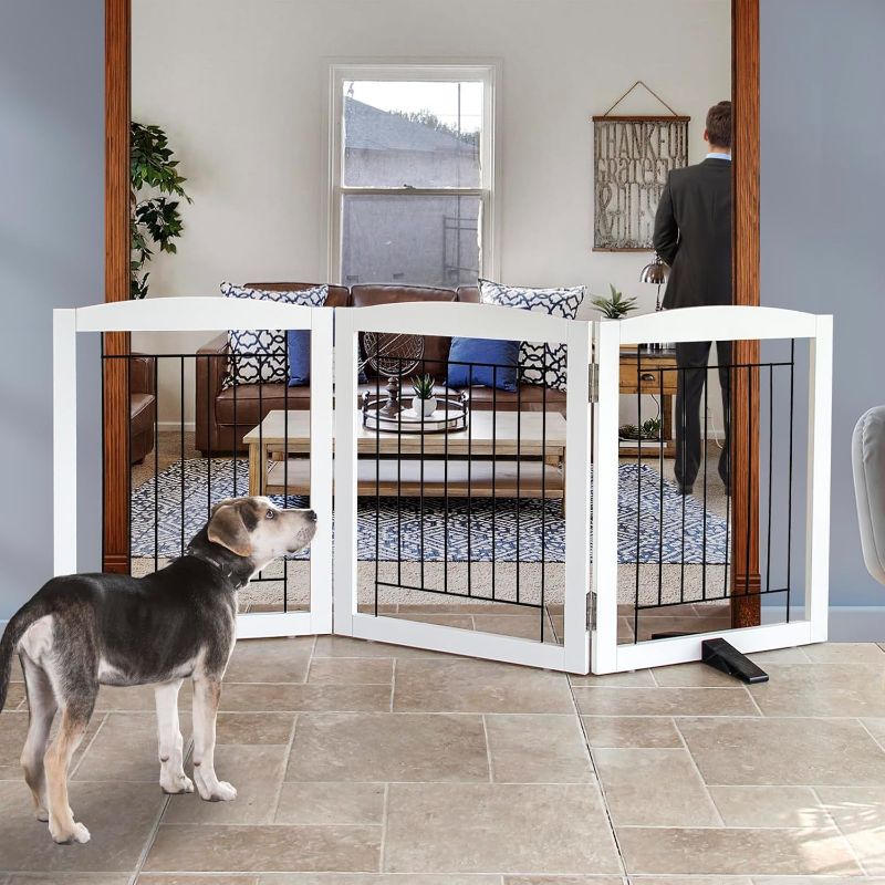 Photo 1 of Freestanding Dog Fence Indoor, Foldable Dog Gate for Doorways, Stairs or Hallways, Sturdy Wood Extra Wide Pet Gate with Support Feet for The House, White, 24 "Height-3 Panels