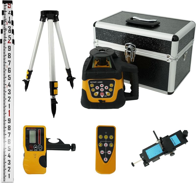 Photo 1 of Self-Leveling 0.11"/100' Rotary Laser, 2000' Rotary Laser Level Kit, IP66 with Aluminum Tripod, Grade Rod for Grading