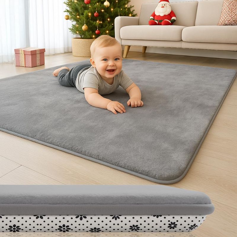 Photo 1 of 50X 50 Thick Padded Baby Floor Play Mat 1.2" Cushioned Velvet Surface Non Slip Bottom High Density Foam Safe and Soft Floor Mat for Infants Toddlers and Playpen Use,Gray
