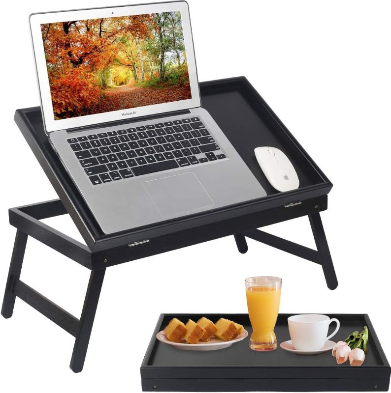 Photo 1 of Artmeer Bed Tray Table Breakfast Food Tray with Folding Legs Kitchen Serving Tray for Lap Desks Notebook Computer Bed Platters TV Snack Tray, Adjustable (Black)