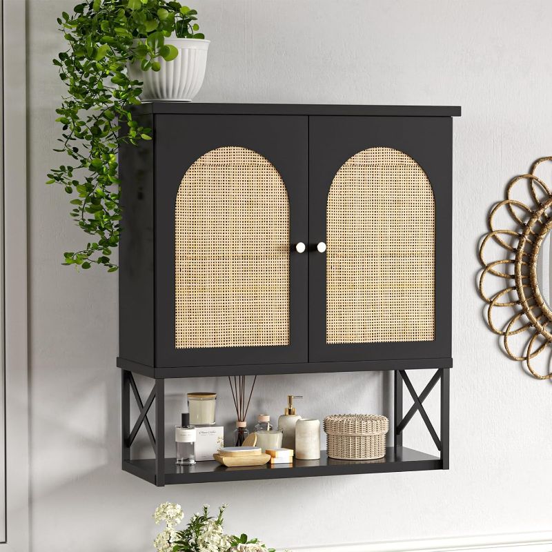 Photo 1 of Rattan Bathroom Wall Cabinet, Boho Medicine Wall Cabinet with Double Doors and Adjustable Shelves, Tall Kitchen Wall Mounted Storage Cabinet, Floating Space Saver Over Toilet, Black