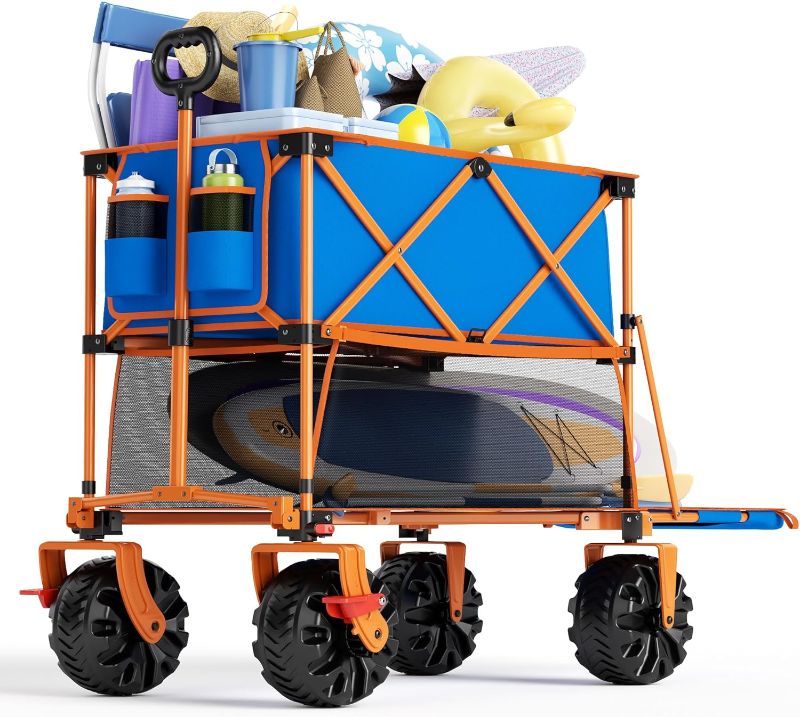 Photo 1 of 400L Collapsible Double Decker Beach Wagon with Brakes, Folding Beach Cart with 54" Extra Long Decker, 450LBS Heavy Duty Wagon Chart with All-Terrain Big Wheels for Sand Camping Garden