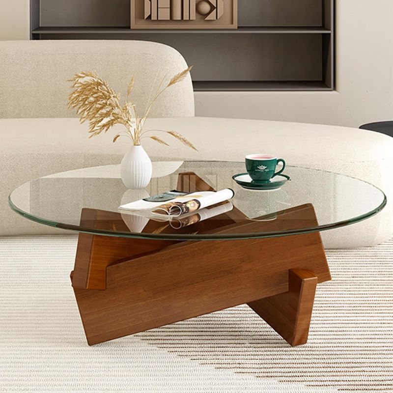 Photo 1 of Coffee Table, Round Coffee Table for Living Room Modern Glass Coffee Table with Solid Wood Legs Farmhouse Mid Century Center Table Large Circle Cocktail Table (Walnut + Transparent, 35.4in)