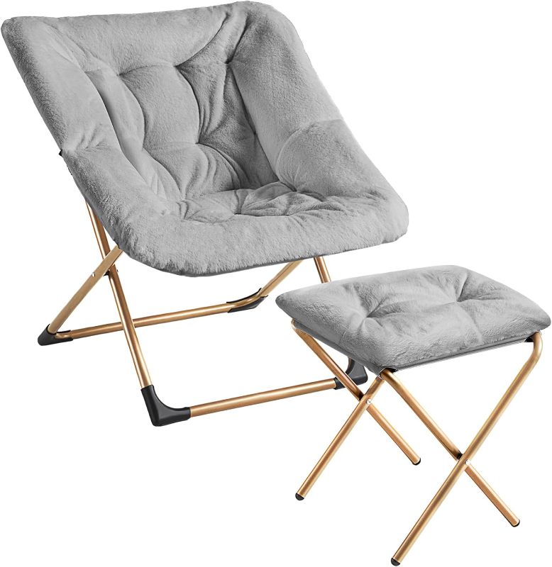 Photo 1 of Comfy Oversized Saucer Chair with Ottoman,Soft Faux Fur Reading Lounge Chair for Adults,Stable X-Large Metal Frame and Non-Slip Pad,Cozy Chair for Bedroom, Living Room, Dorm, Light Gray