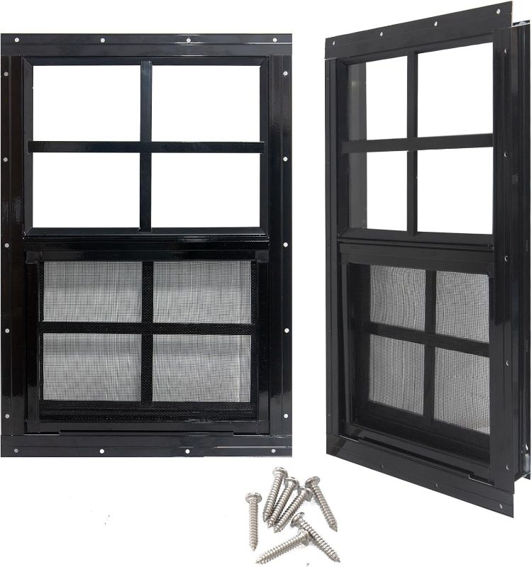 Photo 1 of Yuzzy 24" x 36" Shed Windows with Tempered Glass and Fiberglass Screen, 2 Pack Small Sliding Windows for Shed, Chicken Coop, Playhouse, Household, Garage, Barns (Black)