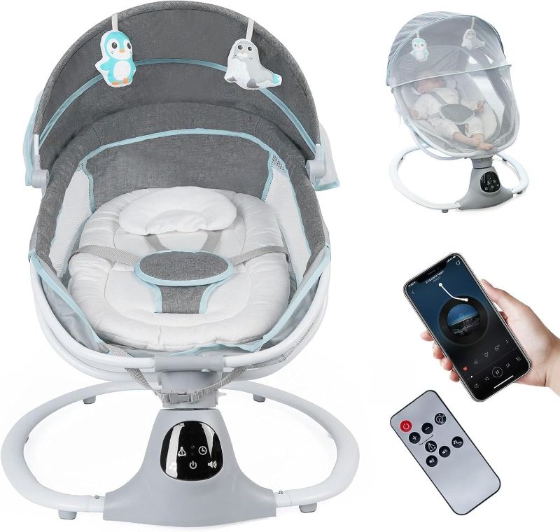 Photo 1 of Electric Baby Swing for Infants to Toddler, Portable Swing Baby Rocker with 5 Point Harness, 5 Sway Speed, Bluetooth,12 Preset Lullabies with Remote Control, Infant Swing for Baby Boys & Girls, Grey
