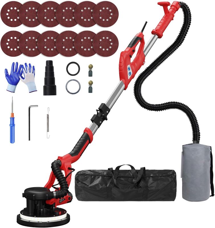 Photo 1 of Drywall Sander with Vacuum Dust Collector, 8-Amp Popcorn Ceiling Removal Tool with 7 Variable Speed 800-1800RPM, Extendable Handle, LED Light, 12pcs Sanding Discs,Dark Red