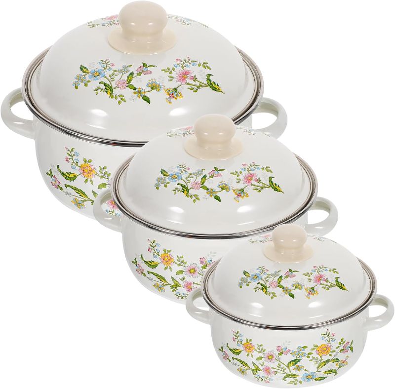 Photo 1 of 3Pcs Enamel Cooking Pot Set: Multi-Functional Double Ear Soup Pots with Lid, Flat Bottom Stockpots for Home Restaurant Use