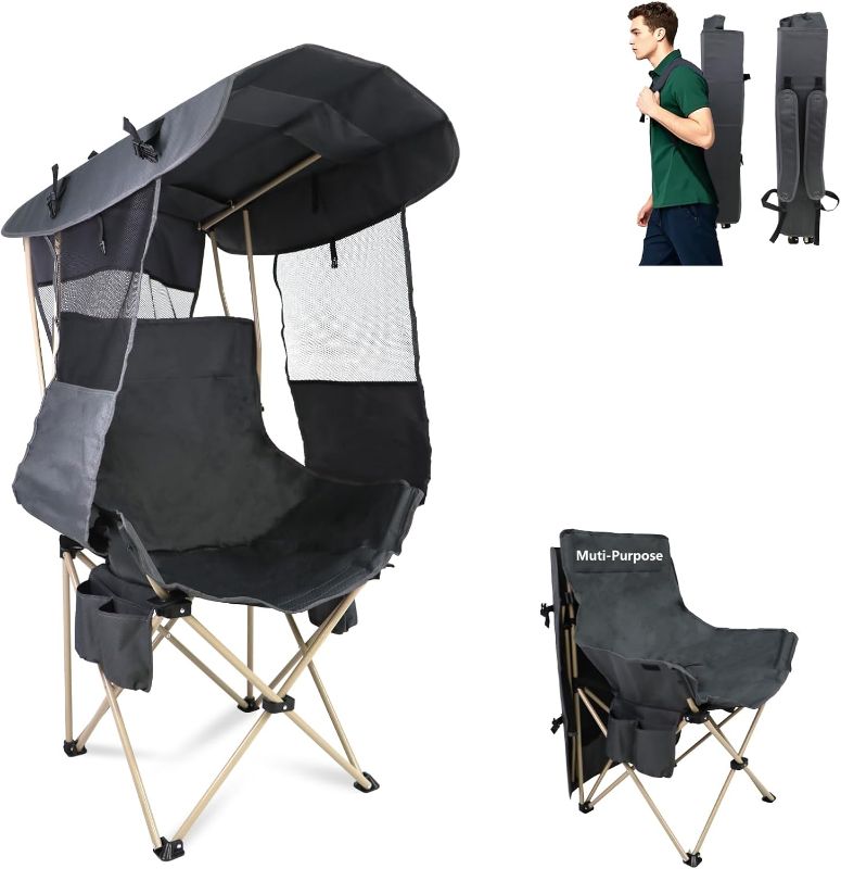 Photo 1 of Folding Camping Chairs Canopy Outdoor: Sports Portable Beach Chair with Canopy-Lawn Beach Chairs with Umbrella for Adults-Camping Chair with Shade for Fishing Camp Heavy Duty (Regular, Grey)