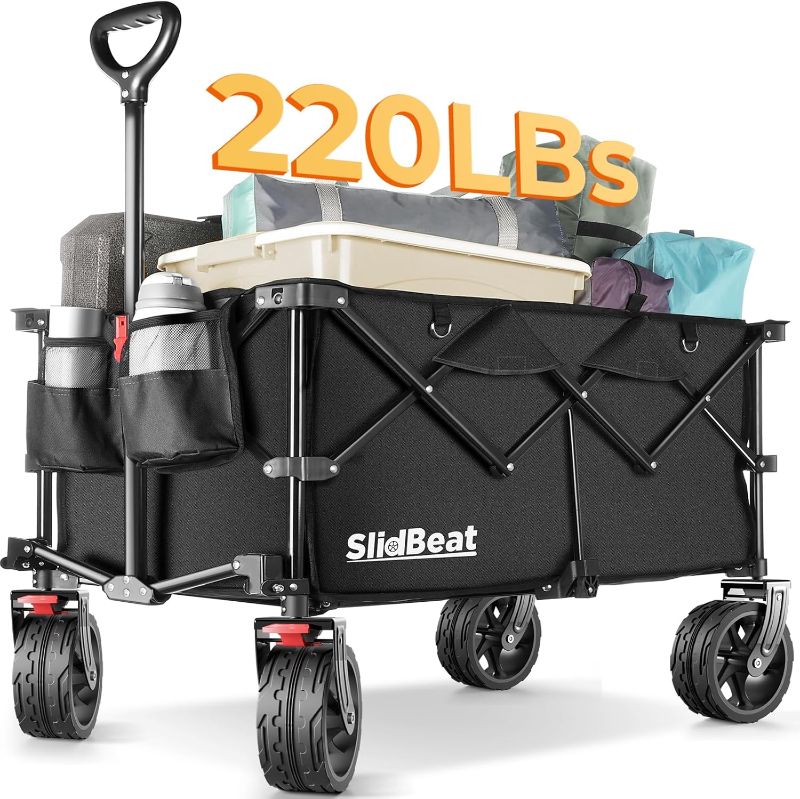 Photo 1 of SLIDBEAT Beach Wagon with Big Universal Wheels - Folding Wagon - Wagons Carts Heavy Duty Foldable - Camping Garden Cart Black - 6.5''×2.5'' Wheels