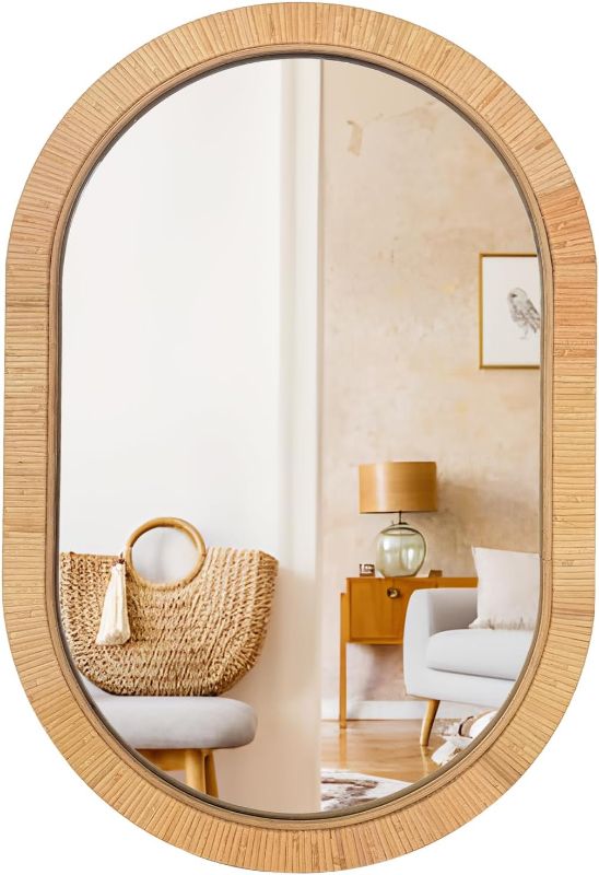 Photo 1 of Oval Rattan Mirror 20x30 for Wall, Boho Decorative Mirror for Bathroom Vanity, Farmhouse & Natural Home Decor for Bedroom, Living Room