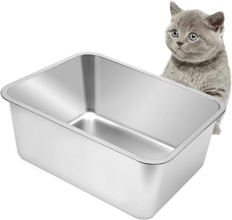 Photo 1 of Kichwit Large Stainless Steel Cat Litter Box with High Sides, Metal Litter Pan for Cat, Non Stick Smooth Surface, Easy to Clean (17.5" L x 13.5" W x 7.9" H)