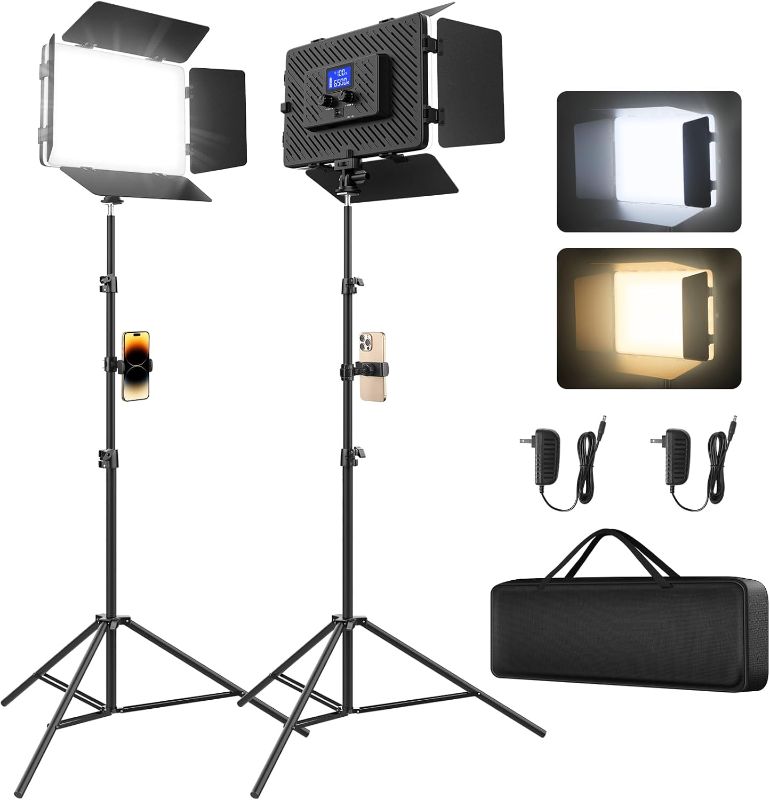 Photo 1 of 2 Pack Led Video Light Panel Light with Barndoor, 8000mAh Rechargeable Camera Light with 79'' Stand, Photo Studio Lighting kit for Video Recording Live Streaming Outdoor Indoor Photography