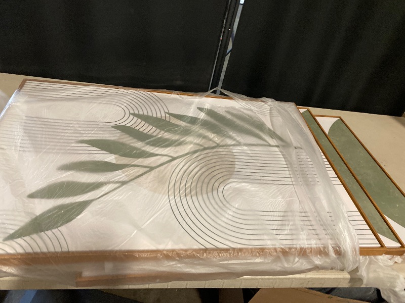 Photo 1 of 3 Pcs Sage Green Boho Canvas Wall Art Mid-Century Modern Neutral Minimalist Abstract Bohemia Plant Geometric Line Pictures Wall Decor Poster Print Artwork for Living Room Bedroom Decoration Unframed