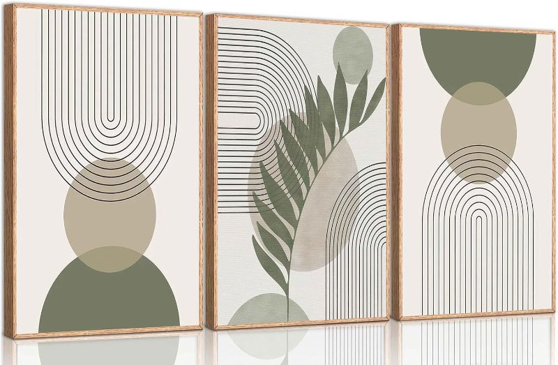 Photo 1 of 3 Pcs Sage Green Boho Canvas Wall Art Mid-Century Modern Neutral Minimalist Abstract Bohemia Plant Geometric Line Pictures Wall Decor Poster Print Artwork for Living Room Bedroom Decoration Unframed