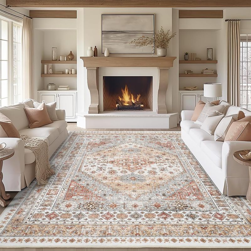 Photo 1 of 8x10 Area Rugs for Living Room,Non-Slip Backing Washable Rugs,Vintage Large Area Rug?Stain Resistant Home Decor Rug (Orange,8'x10')