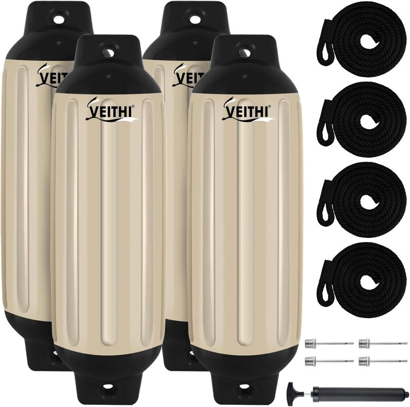 Photo 1 of 4.5/5.5/6.5/8.5/10/16 inch Boat Fenders 4 Pack,Ribbed Twin Eyes Vinyl Boat Bumpers Fenders,Boat Bumpers for Docking Come with Ropes Needles and Pump to Inflate