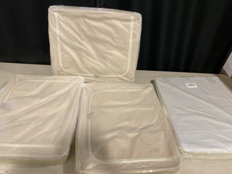 Photo 1 of 4 Pack Foldable Storage Bins - Frame Storage Box Linen Fabric Stackable Clothes Container Organizer with Clear Window & Carry Handles Large Capacity (Large-66L, Beige)