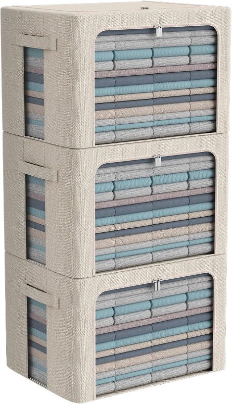 Photo 1 of 4 Pack Foldable Storage Bins - Frame Storage Box Linen Fabric Stackable Clothes Container Organizer with Clear Window & Carry Handles Large Capacity (Large-66L, Beige)