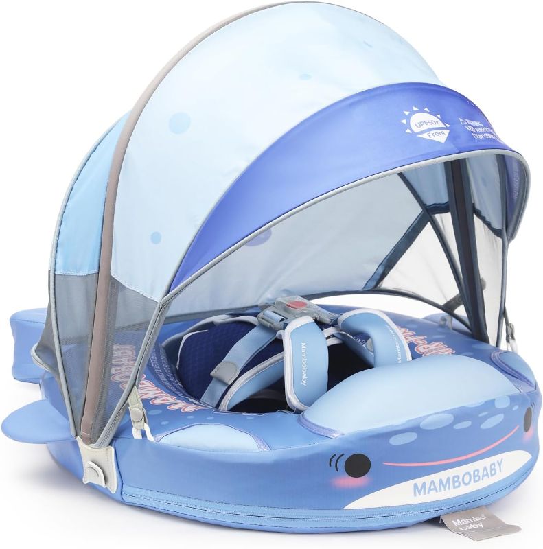 Photo 1 of Mambobaby Baby Pool Float with Canopy & Tail Baby Swim Float Non-Inflatable Solid Baby Float Soft Waterproof Skin-Friendly Material Infant Swim Float for 3-24 Months Baby Boys Girls(Shark)