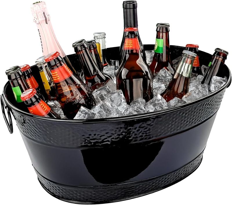 Photo 1 of BREKX Colt Black Galvanized Beverage Tub with Handles, 16-Bottle Metal Bucket Ice Cooler to Chill Drinks, Oval Metal Basket for Drinks or Storage Bin - 15 Quarts (4 Gallon)