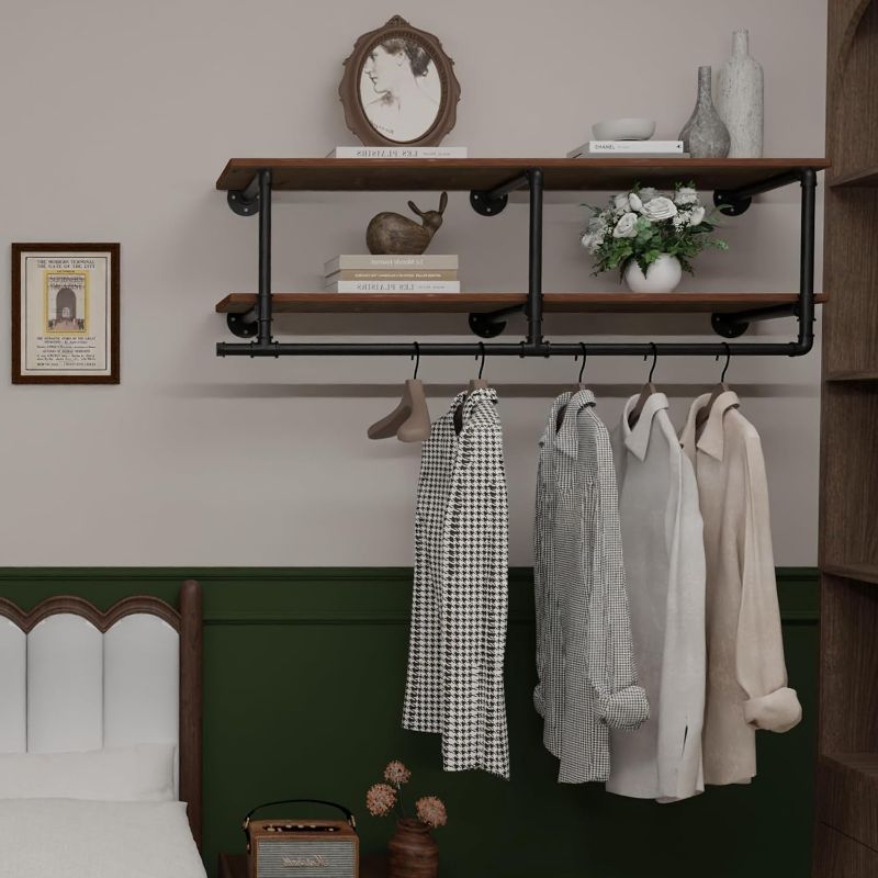 Photo 1 of Clothes Rack 48in, Wall Mounted Garment Rack with Real Wood Shelf, Heavy Duty Hanging Clothes Rack, Multi-Purpose Hanging Rod, Space-Saving Closet Storage