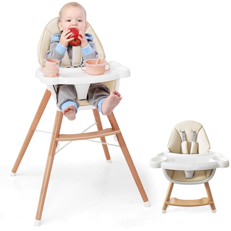 Photo 1 of Baby High Chair, Eat & Grow Beech Wooden Highchair for Babies and Toddlers, Removable Double-Layer Food Tray, 5-Point Harness, PU Cushion and Footrest for Infants Boys Girls (Beige)