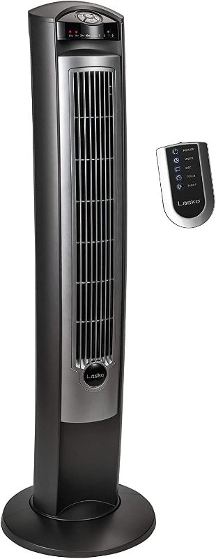 Photo 1 of Lasko Oscillating Tower Fan with Remote, Quiet Floor Fans for Bedroom, 42", Silver T42951