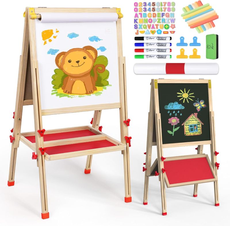 Photo 1 of Joyooss Art Easel for Kids Easel, Foldable Toddler Easel for Painting Double Sided Whiteboard & Chalkboard, Standing Drawing Board with Paper Roll Children Easel for Kids Ages 2-4 4-8 8-12