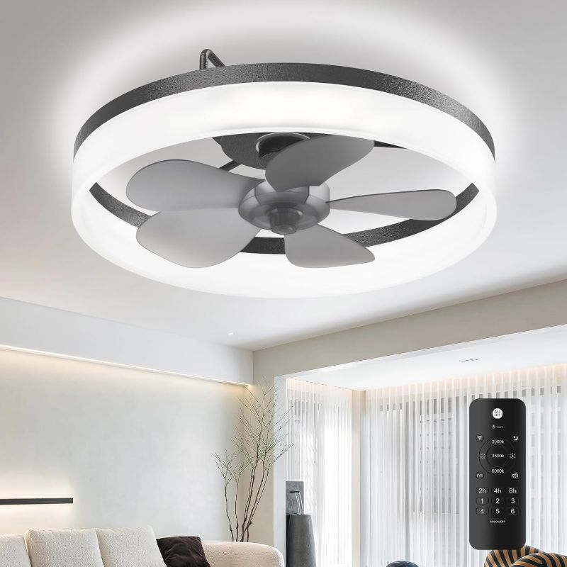Photo 1 of Ceiling Fans with Lights, 19.7'' Flush Mount Ceiling Fan with Lights and Remote, 3000K-6000K Dimmable Modern Low Profile Ceiling Fans for Bedroom Living Room, 6 Speeds Fandelier LED Fan Light