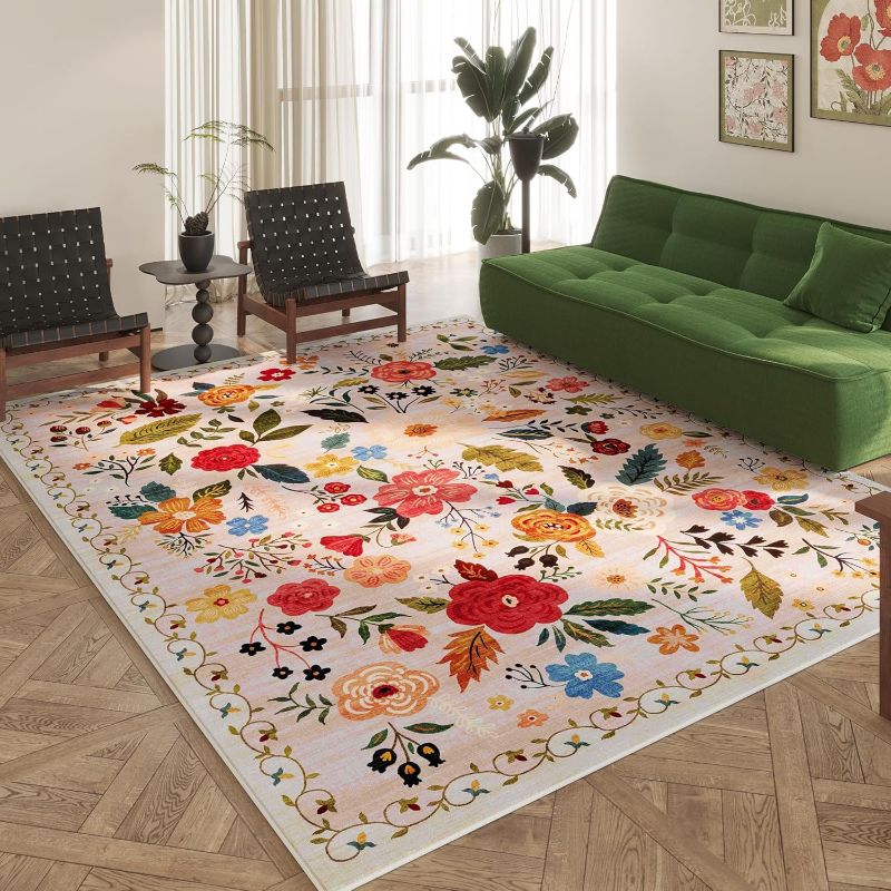 Photo 1 of Area Rugs 8x10 Rug for Living Room Clearance Washable Boho Area Rug Non Slip Floral Vintage Low Pile Large Rug for Living Room, Bedroom, Farmhouse, Dining Room, Kids Playroom(Beige)