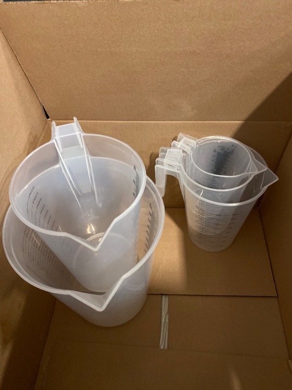 Photo 1 of TCP Global 5 Piece Set of Plastic Graduated Measuring and Mixing Pitchers - 500, 1000 Quart, 2000, 3000, 5000 ml Gallon Sizes - Pouring Cups, Measure & Mix Paint, Resin, Epoxy, Kitchen Cooking Baking