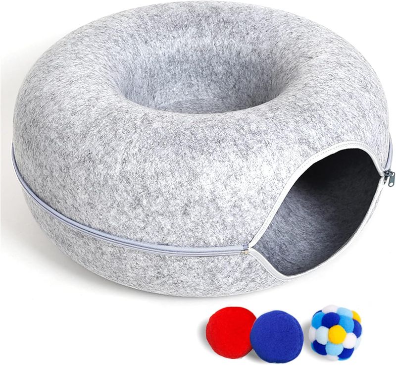 Photo 1 of Large Cat Tunnel Bed for Indoor Cats with 3 Toys, Scratch Resistant Donut Cat Bed, Up to 30 Lbs (L 24x24x11, Light Grey)