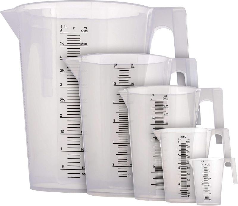 Photo 1 of TCP Global 5 Piece Set of Plastic Graduated Measuring and Mixing Pitchers - 500, 1000 Quart, 2000, 3000, 5000 ml Gallon Sizes - Pouring Cups, Measure & Mix Paint, Resin, Epoxy, Kitchen Cooking Baking